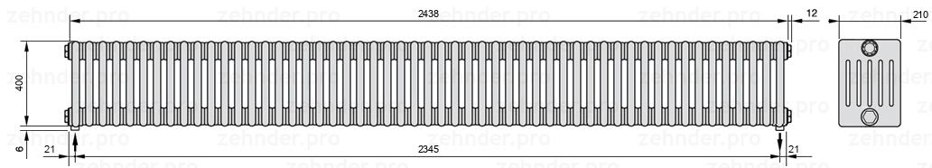 Схема (чертеж) Радиатор Zehnder Charleston 6040/53 №5310 Белый глянцевый RAL 9016